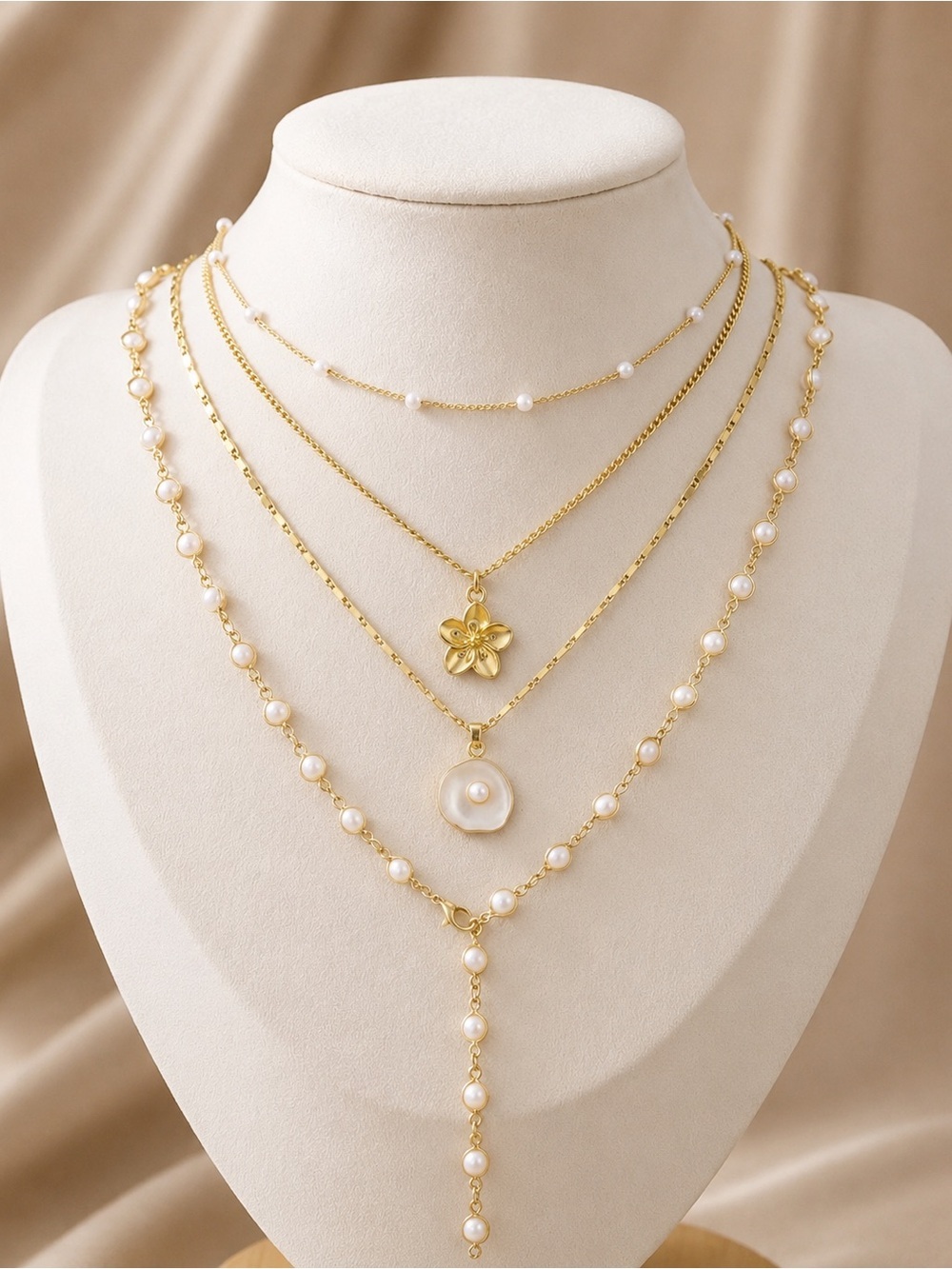 Gold Layered Pearl Necklace with Floral Pendant